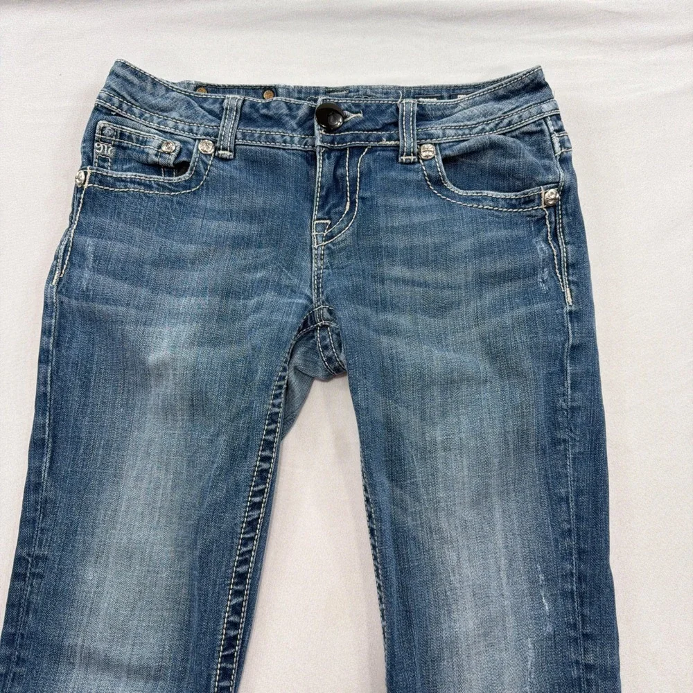 Miss Me Jeans Easy Boot Embroidered Rhinestone Blue Denim Womens 27